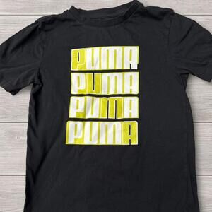 Puma Black Graphic Logo T-Shirt Neon Yellow White Print - Youth‎ Medium